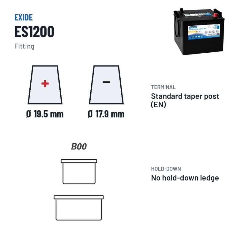Marine battery Exide ES1200 12V 110Ah 760A GEL – terminal and hold-down