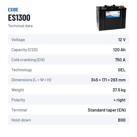 Batteria nautica Exide ES1300 12V 120Ah 750A GEL | baterias.com