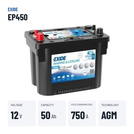 Marine battery Exide EP450 12V 50Ah 750A AGM – key specs