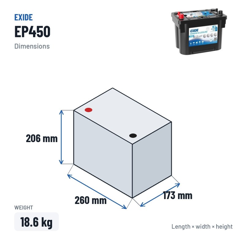 Marine battery Exide EP450 12V 50Ah 750A AGM – dimensions 260 × 173 × 206 mm