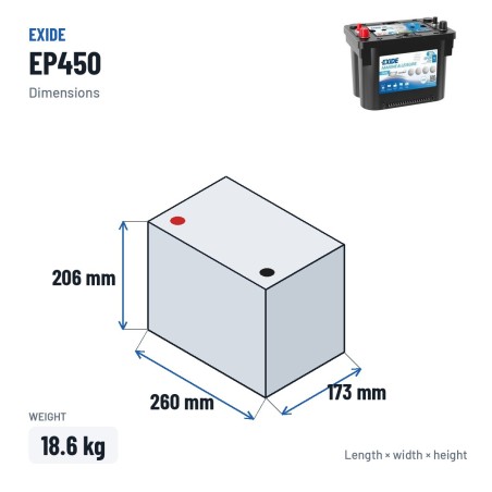 Marine battery Exide EP450 12V 50Ah 750A AGM – dimensions 260 × 173 × 206 mm