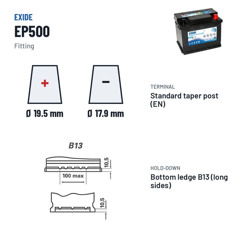 Batería náutica Exide EP500 12V 60Ah 680A AGM – borne y sujeción