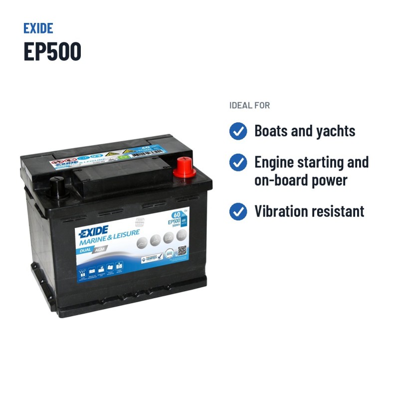 Batería náutica Exide EP500 12V 60Ah 680A AGM – usos recomendados
