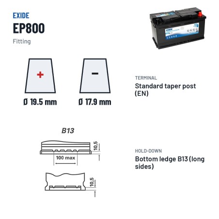 Batterie marine Exide EP800 12V 95Ah 850A AGM – bornes et fixation