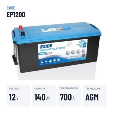 Batería náutica Exide EP1200 12V 140Ah 700A AGM – datos clave