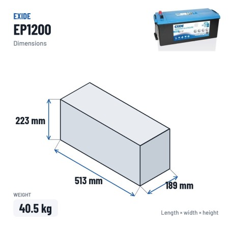 Batteria nautica Exide EP1200 12V 140Ah 700A AGM – dimensioni 513 × 189 × 223 mm