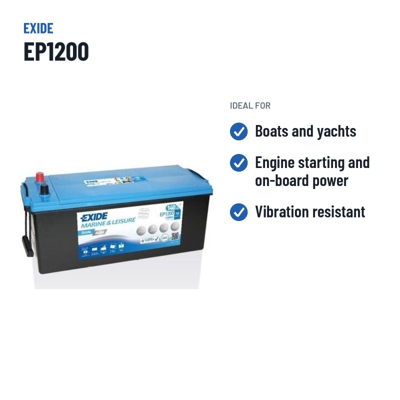 Batería náutica Exide EP1200 12V 140Ah 700A AGM – usos recomendados