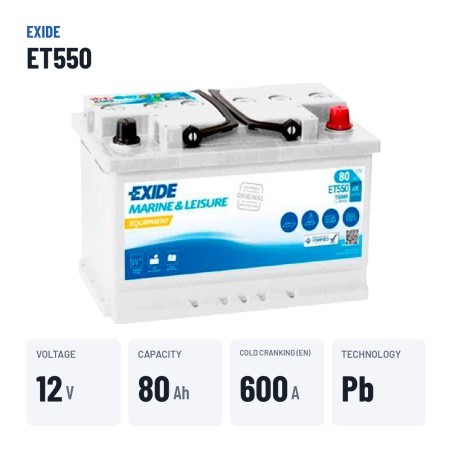 Bootsbatterie Exide ET550 12V 80Ah 600A – wichtigste Daten
