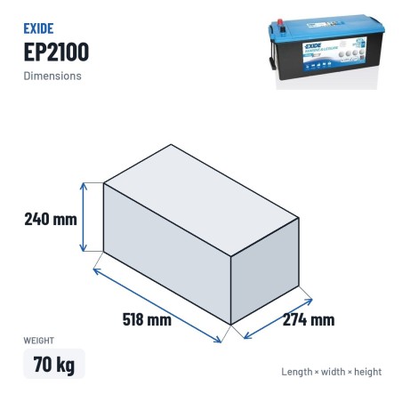 Marine battery Exide EP2100 12V 240Ah 1200A AGM – dimensions 518 × 274 × 240 mm