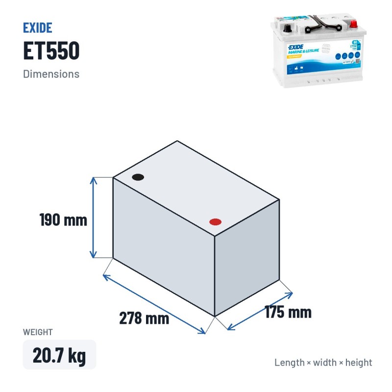 Batería náutica Exide ET550 12V 80Ah 600A – medidas 278 × 175 × 190 mm