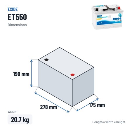 Bootsbatterie Exide ET550 12V 80Ah 600A – Abmessungen 278 × 175 × 190 mm