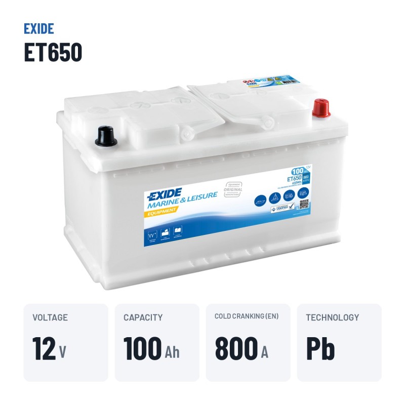 Batería náutica Exide ET650 12V 100Ah 800A – datos clave