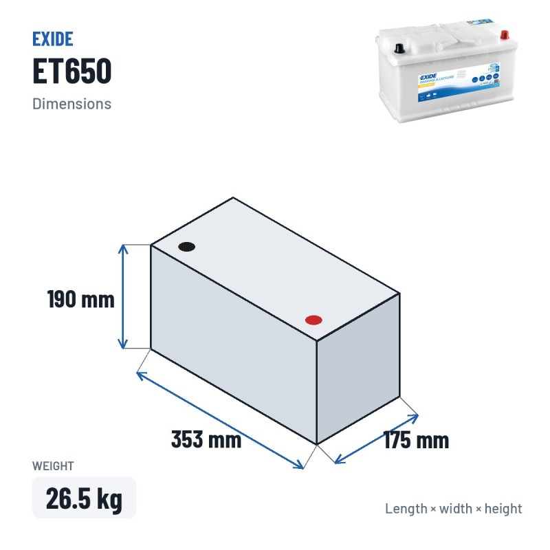 Marine battery Exide ET650 12V 100Ah 800A – dimensions 353 × 175 × 190 mm