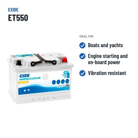 Batería náutica Exide ET550 12V 80Ah 600A – usos recomendados