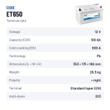 Marine battery Exide ET650 12V 100Ah 800A – technical data