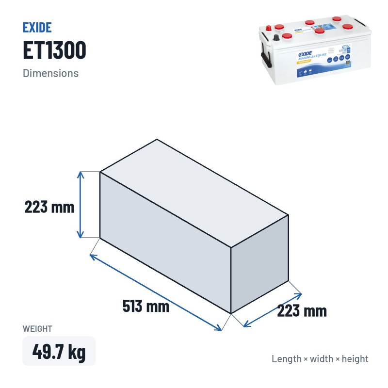 Batteria nautica Exide ET1300 12V 180Ah 900A – dimensioni 513 × 223 × 223 mm