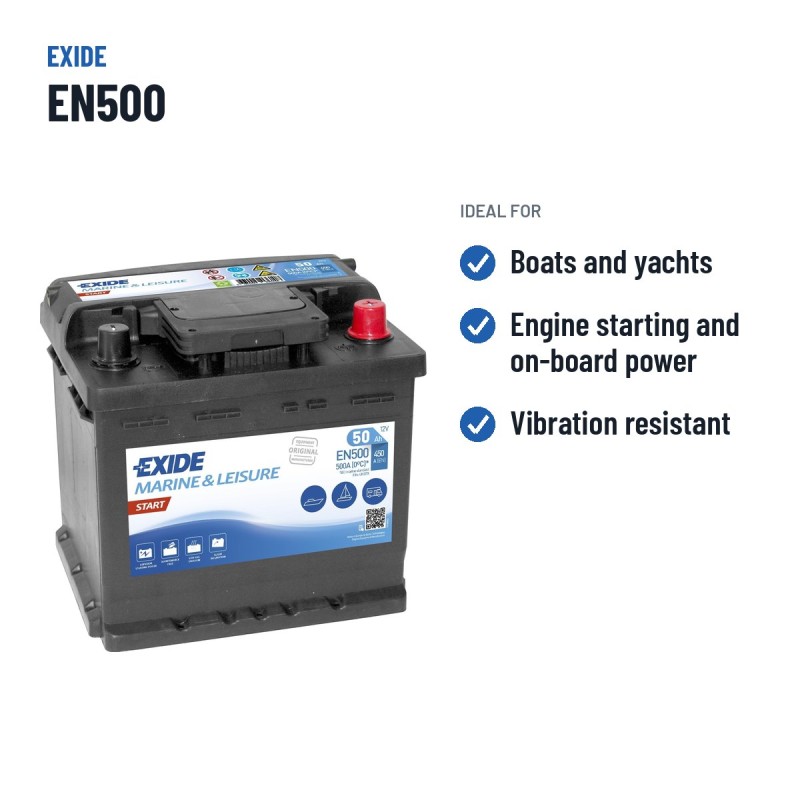 Batería náutica Exide EN500 12V 50Ah 450A | baterias.com
