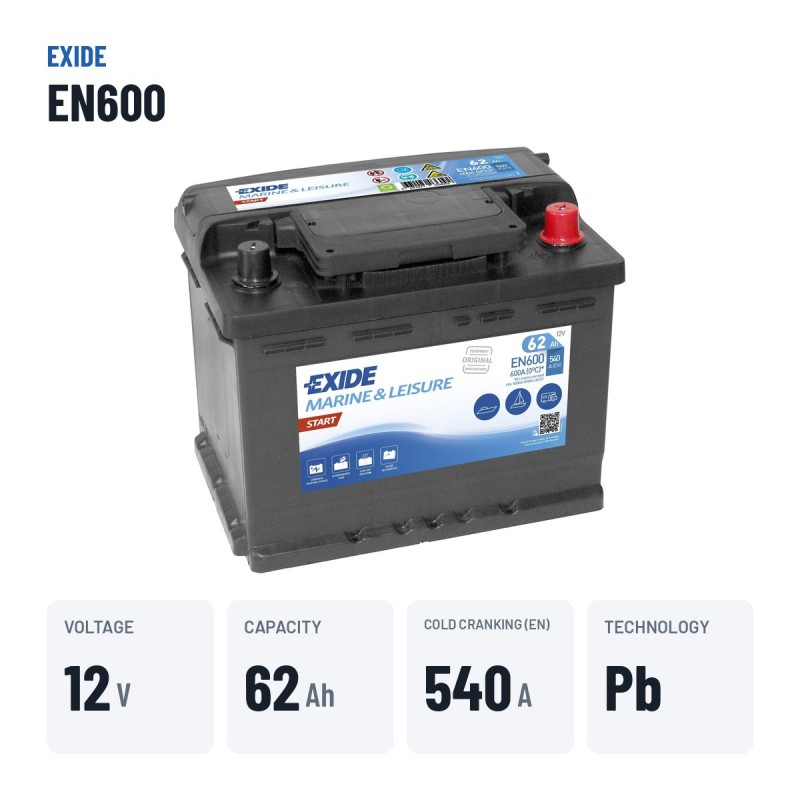 Batería náutica Exide EN600 12V 62Ah 540A – datos clave