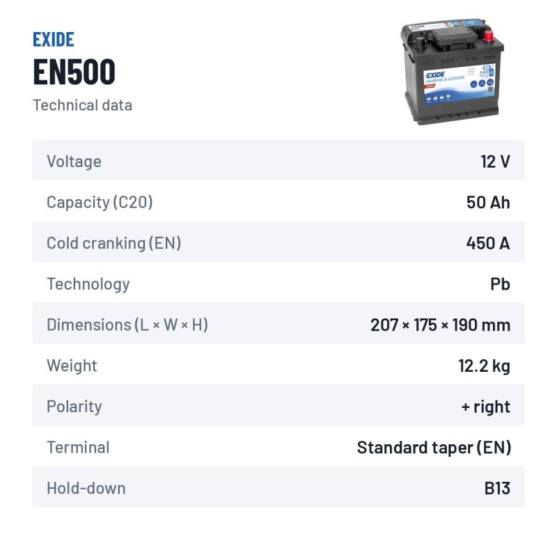 Marine battery Exide EN500 12V 50Ah 450A – technical data
