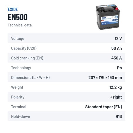 Marine battery Exide EN500 12V 50Ah 450A – technical data