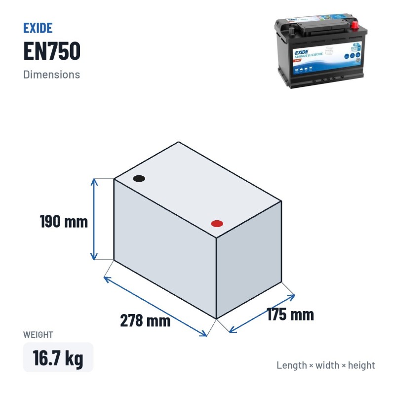 Bootsbatterie Exide EN750 12V 74Ah 680A – Abmessungen 278 × 175 × 190 mm