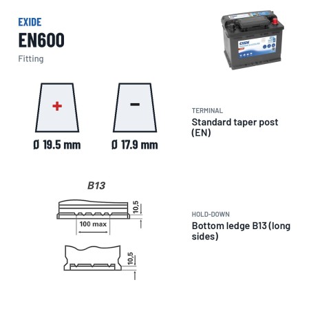 Batería náutica Exide EN600 12V 62Ah 540A – borne y sujeción