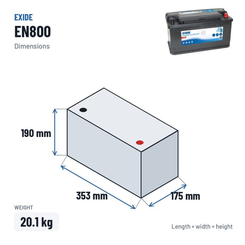 Marine battery Exide EN800 12V 90Ah 720A – dimensions 353 × 175 × 190 mm
