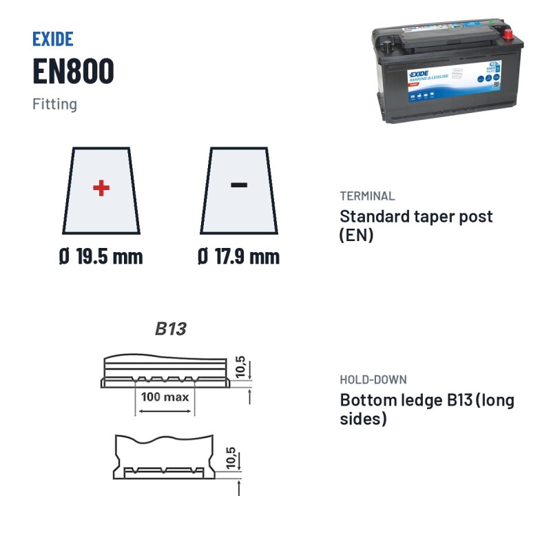 Marine battery Exide EN800 12V 90Ah 720A – terminal and hold-down