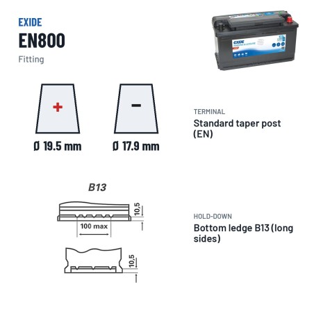 Marine battery Exide EN800 12V 90Ah 720A – terminal and hold-down