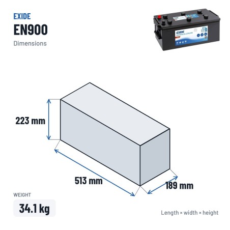 Bootsbatterie Exide EN900 12V 140Ah 800A – Abmessungen 513 × 189 × 223 mm