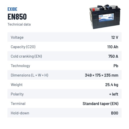 Bateria náutica Exide EN850 12V 110Ah 750A – ficha técnica