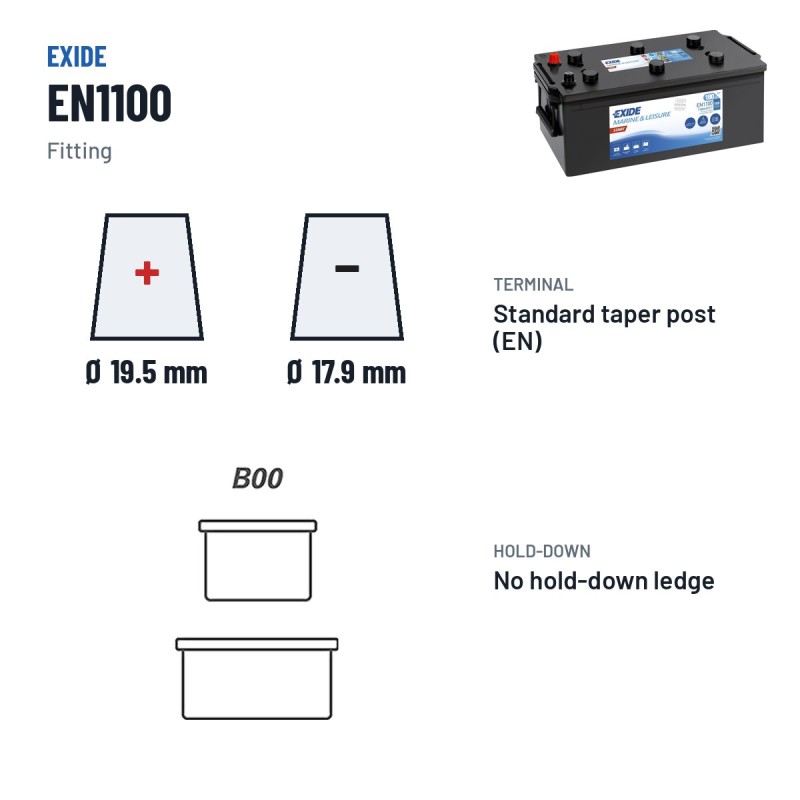 Marine battery Exide EN1100 12V 180Ah 1000A – terminal and hold-down