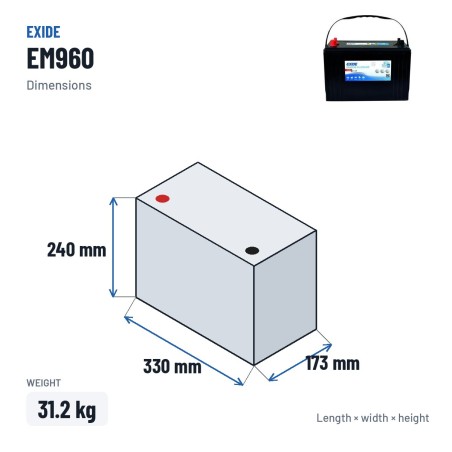Bateria náutica Exide EM960 12V 100Ah 800A AGM – medidas 330 × 173 × 240 mm