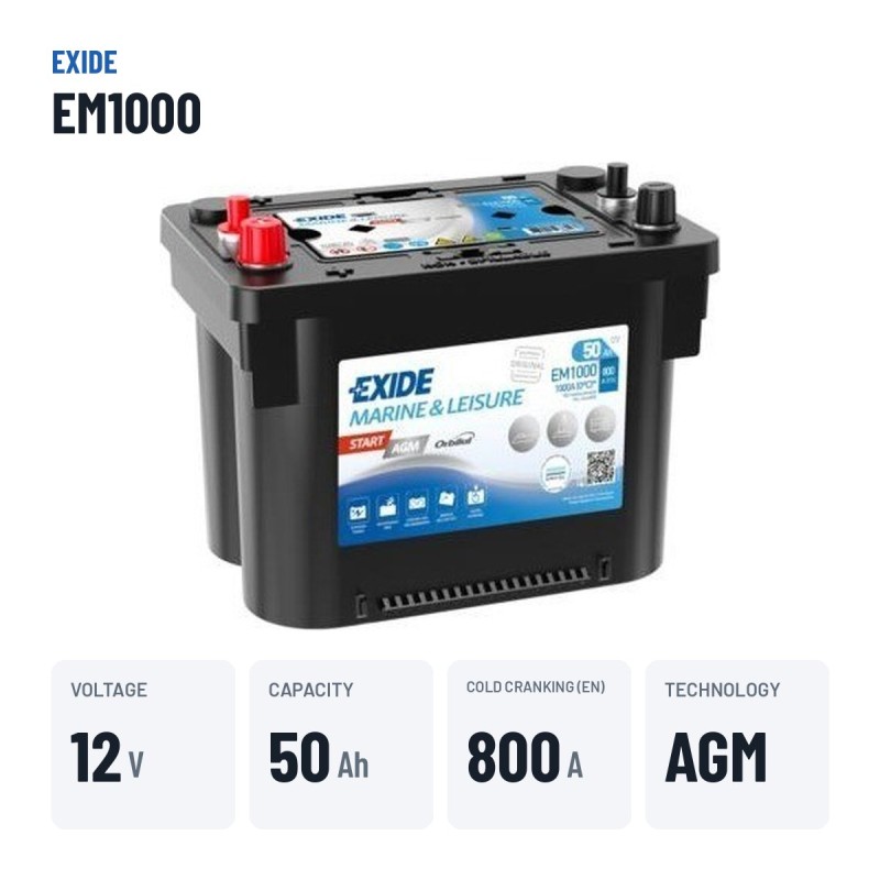 Marine battery Exide EM1000 12V 50Ah 800A AGM – key specs
