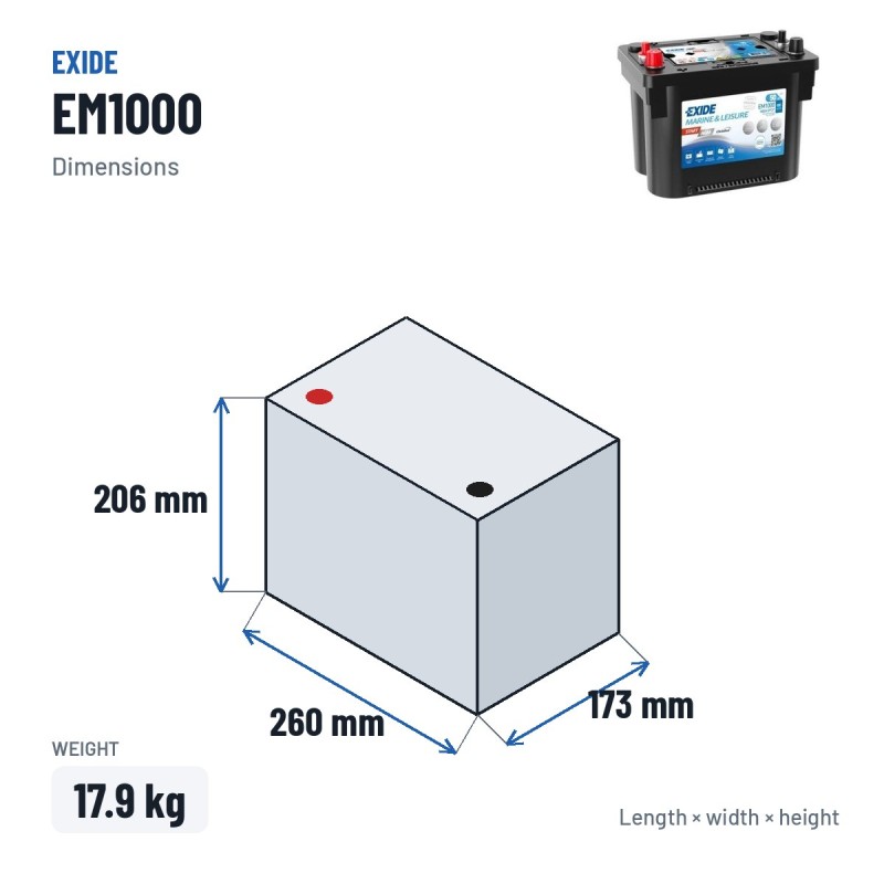 Batería náutica Exide EM1000 12V 50Ah 800A AGM – medidas 260 × 173 × 206 mm