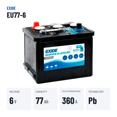 Batterie marine Exide EU77-6 6V 77Ah 360A – caractéristiques clés
