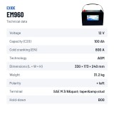 Bateria náutica Exide EM960 12V 100Ah 800A AGM – ficha técnica
