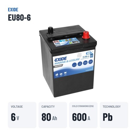 Batterie marine Exide EU80-6 6V 80Ah 600A – caractéristiques clés