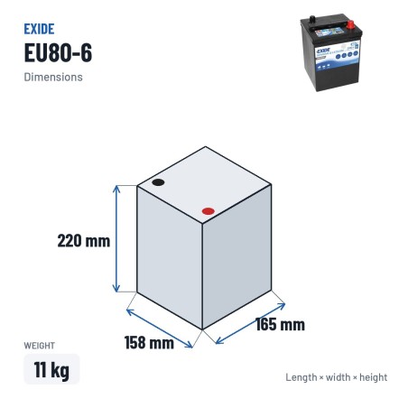 Batterie marine Exide EU80-6 6V 80Ah 600A – dimensions 158 × 165 × 220 mm