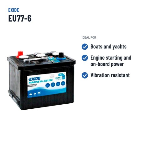 Batterie marine Exide EU77-6 6V 77Ah 360A – utilisations recommandées