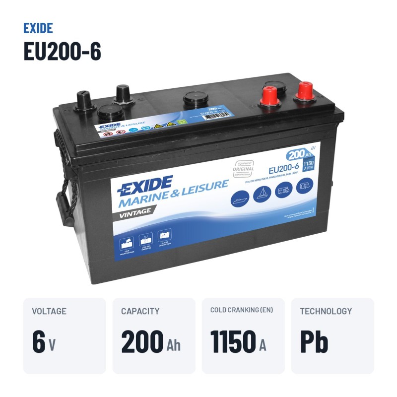 Batterie marine Exide EU200-6 6V 200Ah 1150A – caractéristiques clés