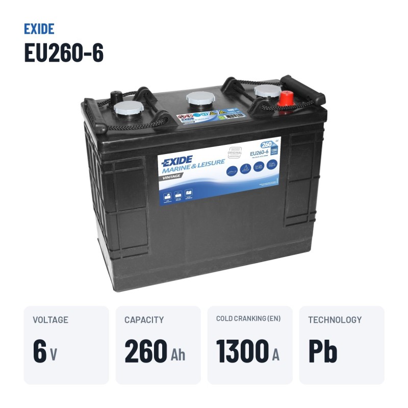 Batería náutica Exide EU260-6 6V 260Ah 1300A – datos clave