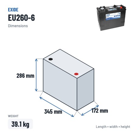 Marine battery Exide EU260-6 6V 260Ah 1300A – dimensions 345 × 172 × 286 mm