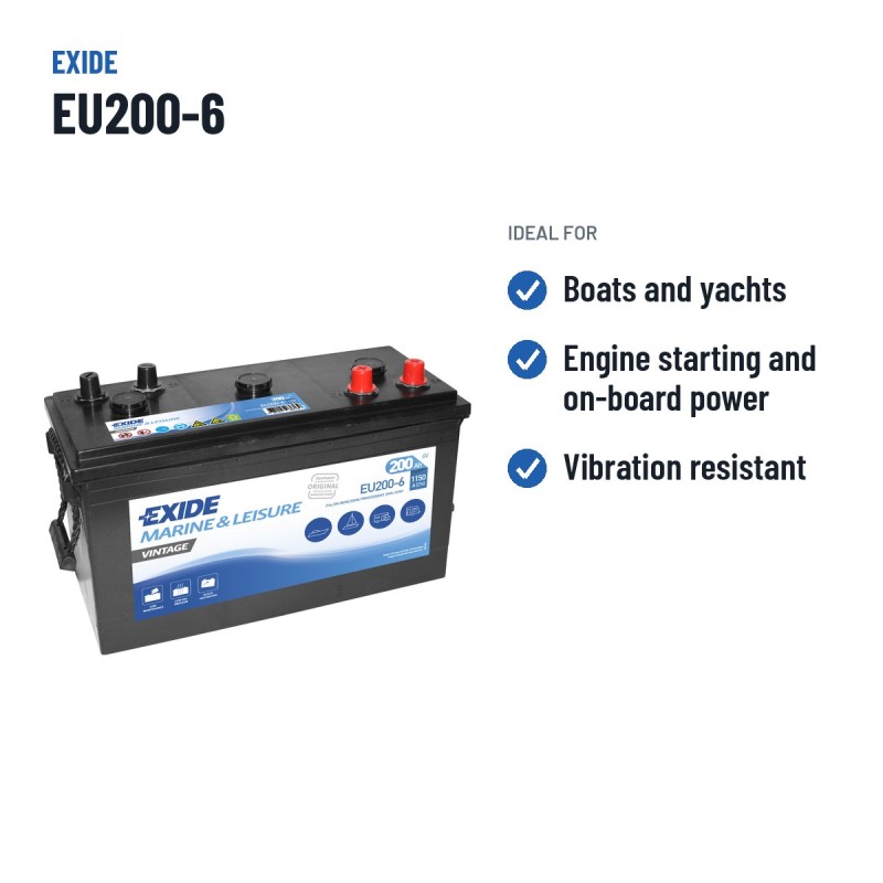 Batterie marine Exide EU200-6 6V 200Ah 1150A – utilisations recommandées