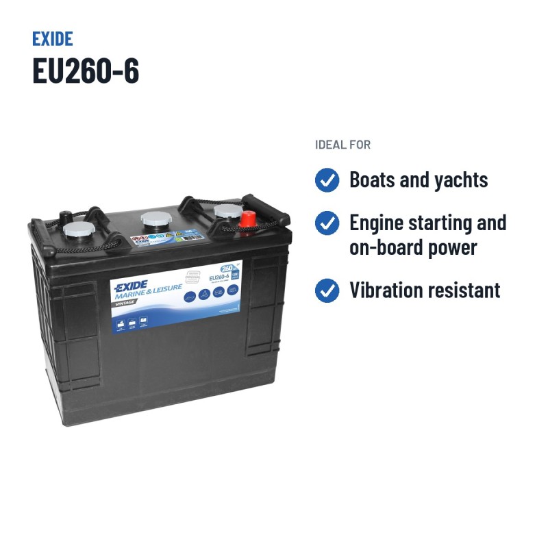 Batería náutica Exide EU260-6 6V 260Ah 1300A – usos recomendados