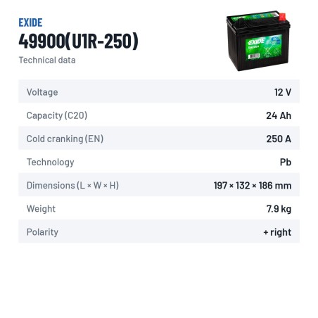 Batería de cortacésped Exide 49900(U1R-250) 12V 24Ah 250A