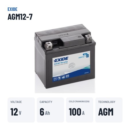 Batterie moto Exide AGM12-7 12V 6Ah 100A AGM – caractéristiques clés