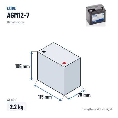 Batterie moto Exide AGM12-7 12V 6Ah 100A AGM – dimensions 115 × 70 × 105 mm