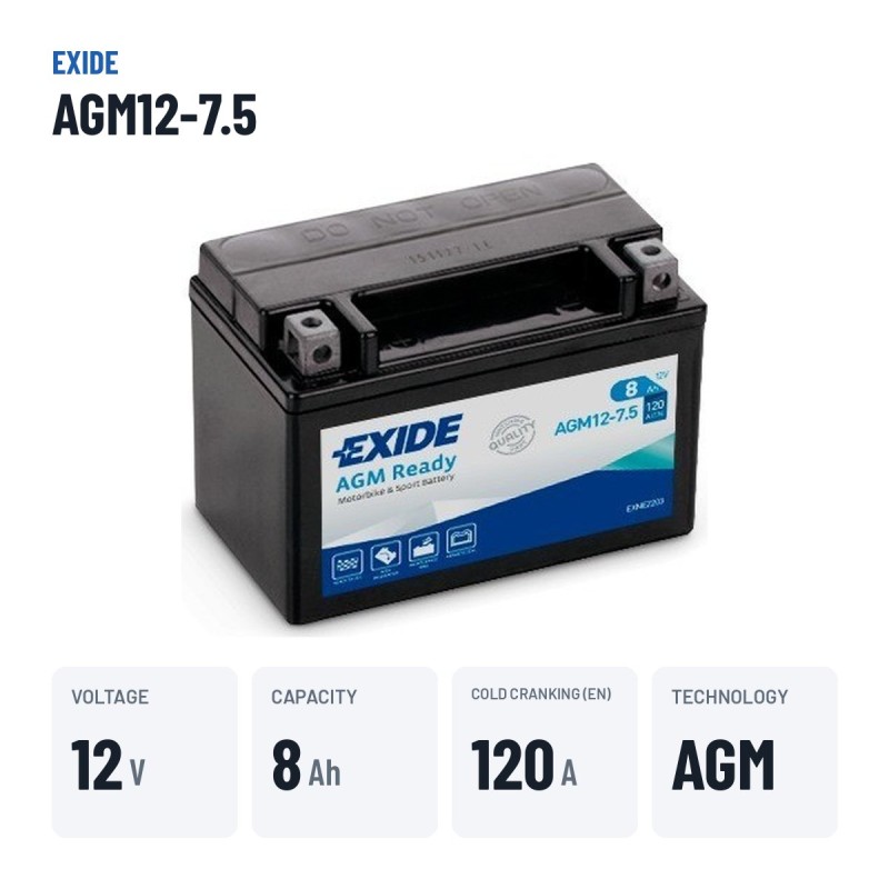 Batterie moto Exide AGM12-7.5 12V 8Ah 120A AGM – caractéristiques clés