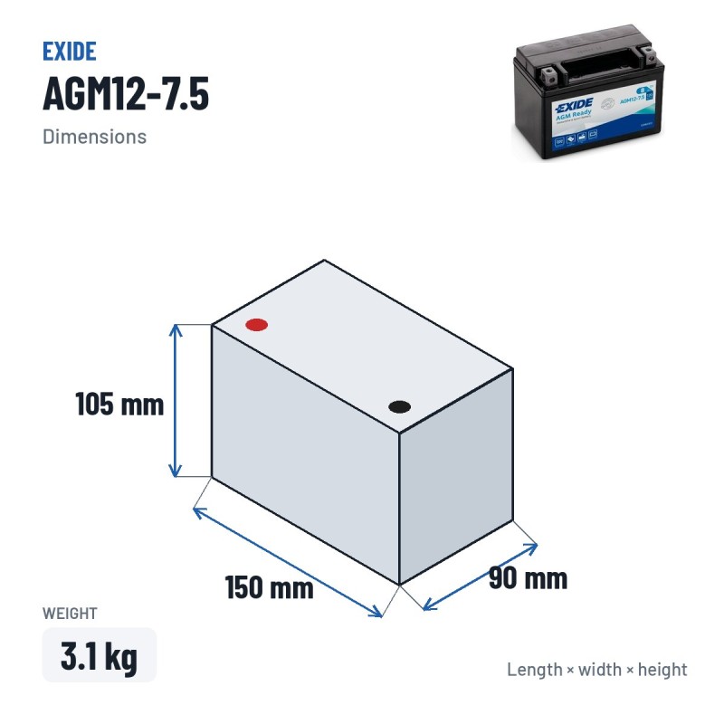 Batterie moto Exide AGM12-7.5 12V 8Ah 120A AGM – dimensions 150 × 90 × 105 mm